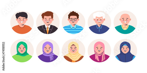 avatar character young man and muslim woman diverse people wear clothes style