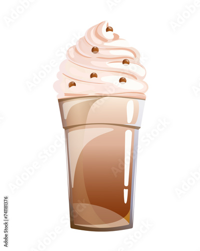 Frappe coffee Frappuccino. National frappe day. Vector illustration of coffee drink decorated with whipped cream.