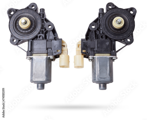 two Electric window mechanism motor for a car on a white isolated background. Automotive spare parts catalog.