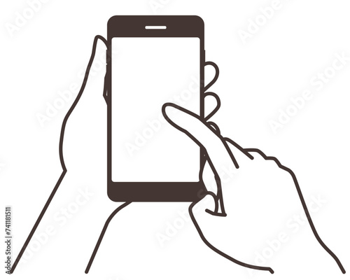 スマホを左手で持ち右手で操作する手元、黒い線で描いたイラスト