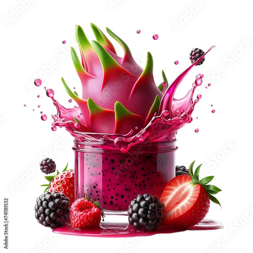 Photo of a glass served with a dragon fruit drink and decorated with a dragon fruit inside and around it with a slice of strawberries and blackberries on a transparent background, PNG photo