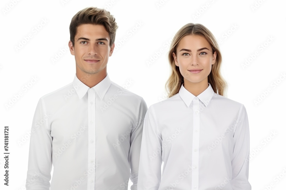 Male and female models wearing white shirts on a white background, business men and women wearing white shirts, shirt mockup, shirt sale, shopping website category icons Male and female models wearing white shirts on a white background, business men and women wearing white shirts, shirt mockup, shirt sale, shopping website category icons
