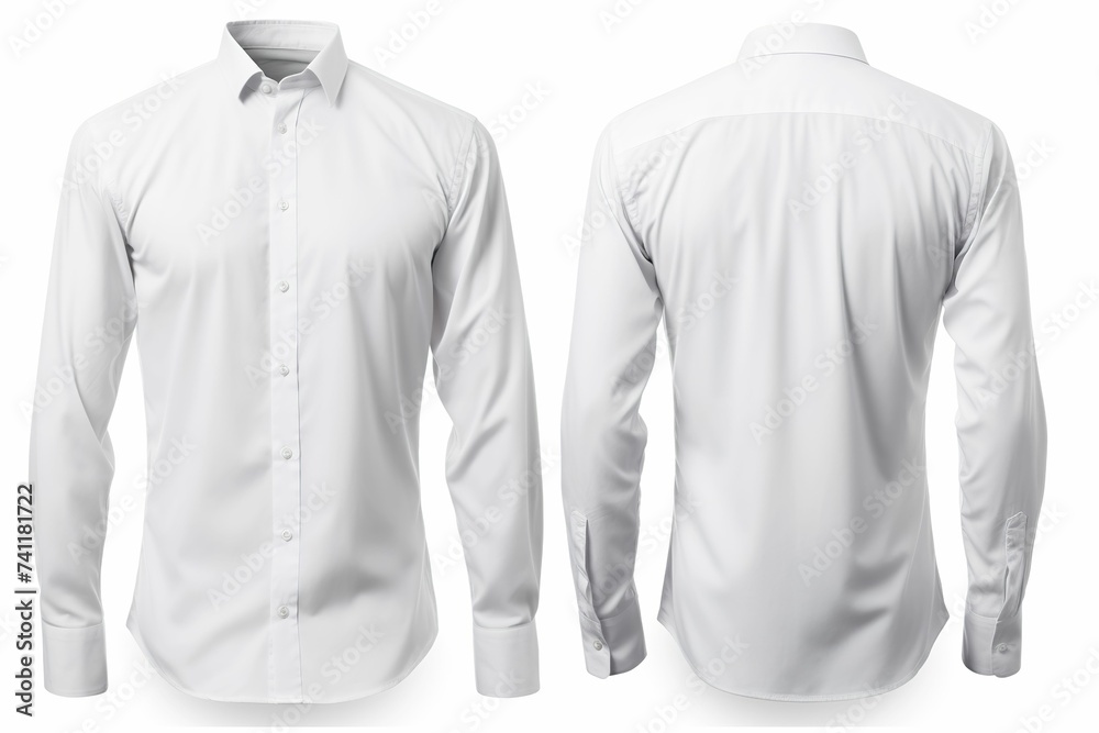 Men's white shirt front and back isolated on white, white shirt on model, men's shirt mockup Men's white shirt front and back isolated on white, white shirt on model, men's shirt mockup