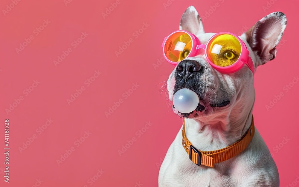 Bull Terrier dog blowing bubble gum wearing sunglasses fashion portrait on solid pastel background. presentation. advertisement. invitation. copy text space.