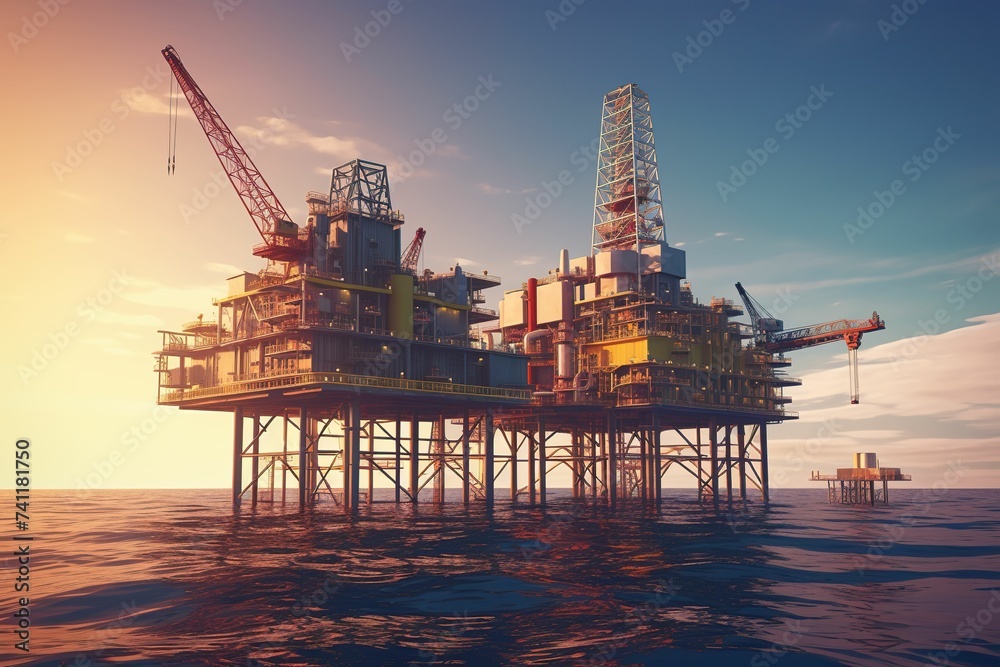 Oil drilling platform at sea, futuristic offshore drilling platform