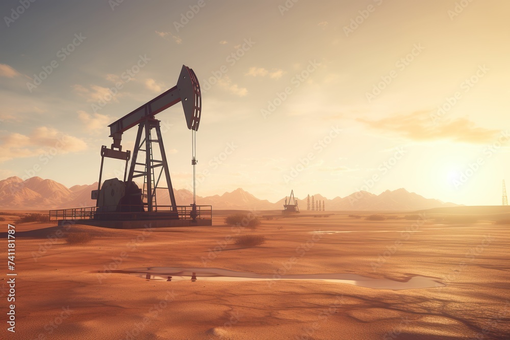 Oil drilling in the desert, oil pumping unit in the desert