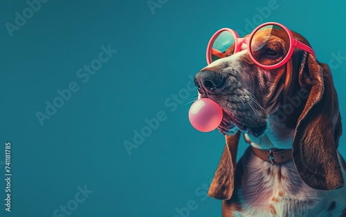 Basset Hound dog blowing bubble gum wearing sunglasses fashion portrait on solid pastel background. presentation. advertisement. invitation. copy text space. © CassiOpeiaZz