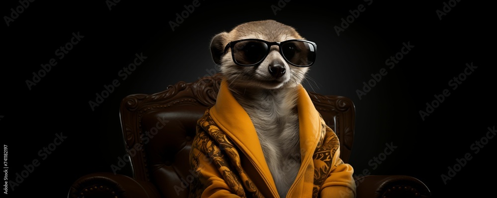 Meerkat Wearing Yellow Robe and Sunglasses and Sitting on Brown Leather Chair with Copy Text Space. Generative AI