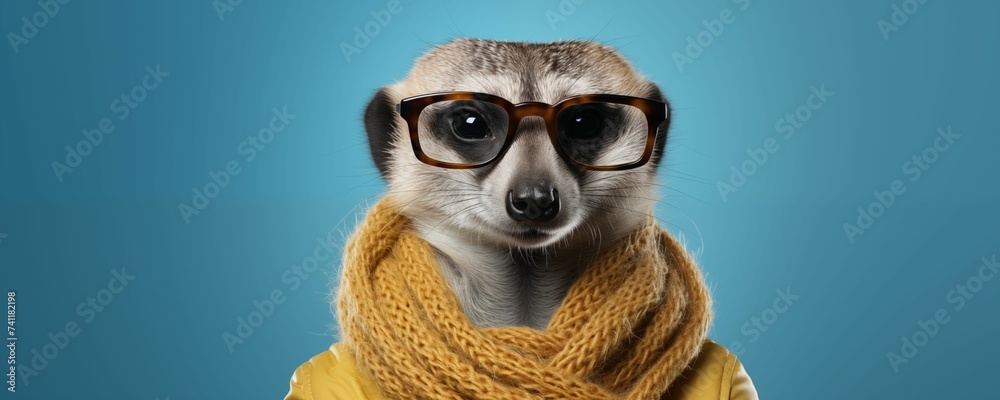 Meerkat Wearing Yellow Modern Winter Outfit and Sunglasses Isolated on Blue Background. Generative AI
