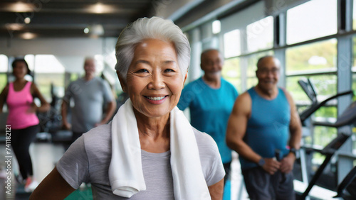 Portrait of smiling senior woman with friends in background at fitness center