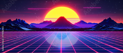 Retro sunset in neon  a digital landscape of the 80s  futuristic abstract in purple and blue