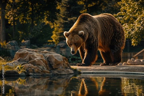 large brown bear walks around the lake 