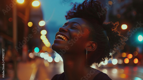 Joy in the City: A Vibrant Nighttime Portrait of a Young Black Woman Laughing Wholeheartedly, Her Spirited Expression Illuminated by the Warm, Glowing Lights of the Cityscape photo