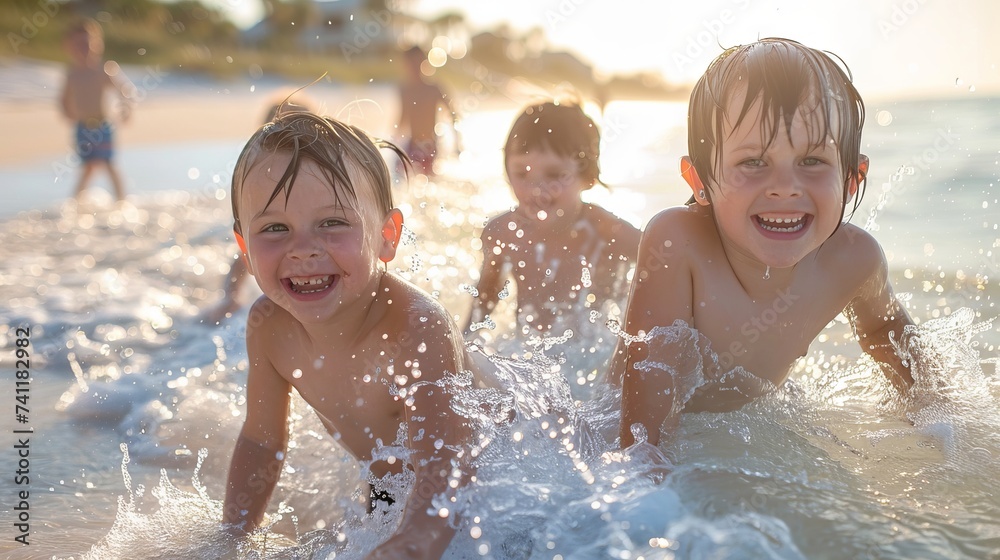 Joyful Kids Playing in the Sea at Sunset. Young children splashing and playing in the sea water, with sunlit droplets around, enjoying a beautiful beach sunset. AI Joyful Kids Playing in the Sea at Sunset. Young children splashing and playing in the sea water, with sunlit droplets around, enjoying a beautiful beach sunset. AI