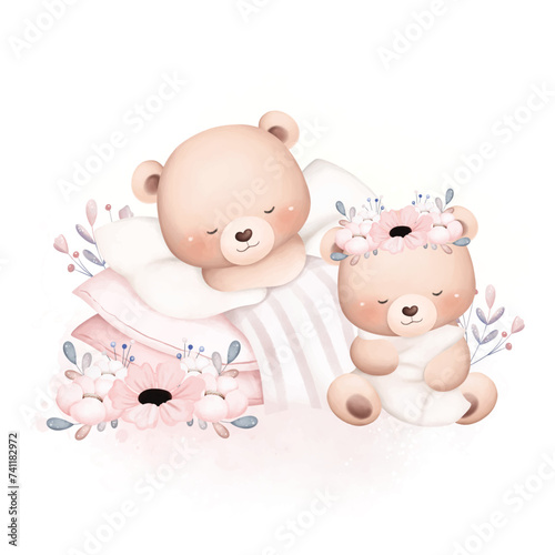 Watercolor Illustration Cute Baby Bears Sleep at Garden