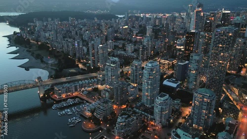 Aerial view on downtown of Vancouver at night, Granville bridge and False Creek photo