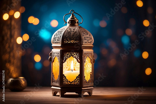 Ornament Ramadan Kareem Arabic lantern with burning candle and bokeh lights in background Ai generative.