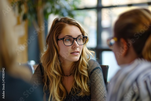 Confident professional businesswoman having lively discussion 