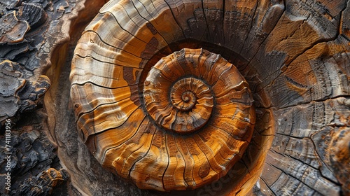 Macro shot of a weathered wooden log spiral pattern  exhibiting natural aging and the beauty of organic decay.