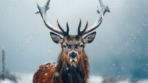 A majestic deer with large antlers stands in a snowy landscape looking at the camera