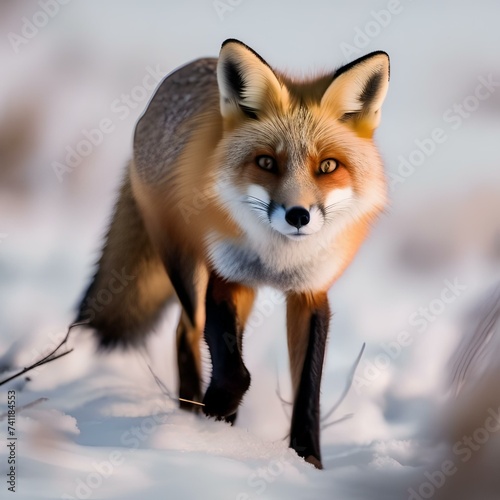 A close-up of a red fox hunting in a snowy field, its breath visible in the cold air4