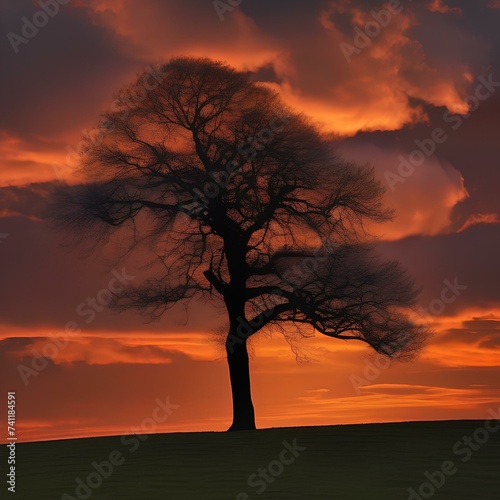 A lone tree standing on a hill, silhouetted against a fiery sunset sky4