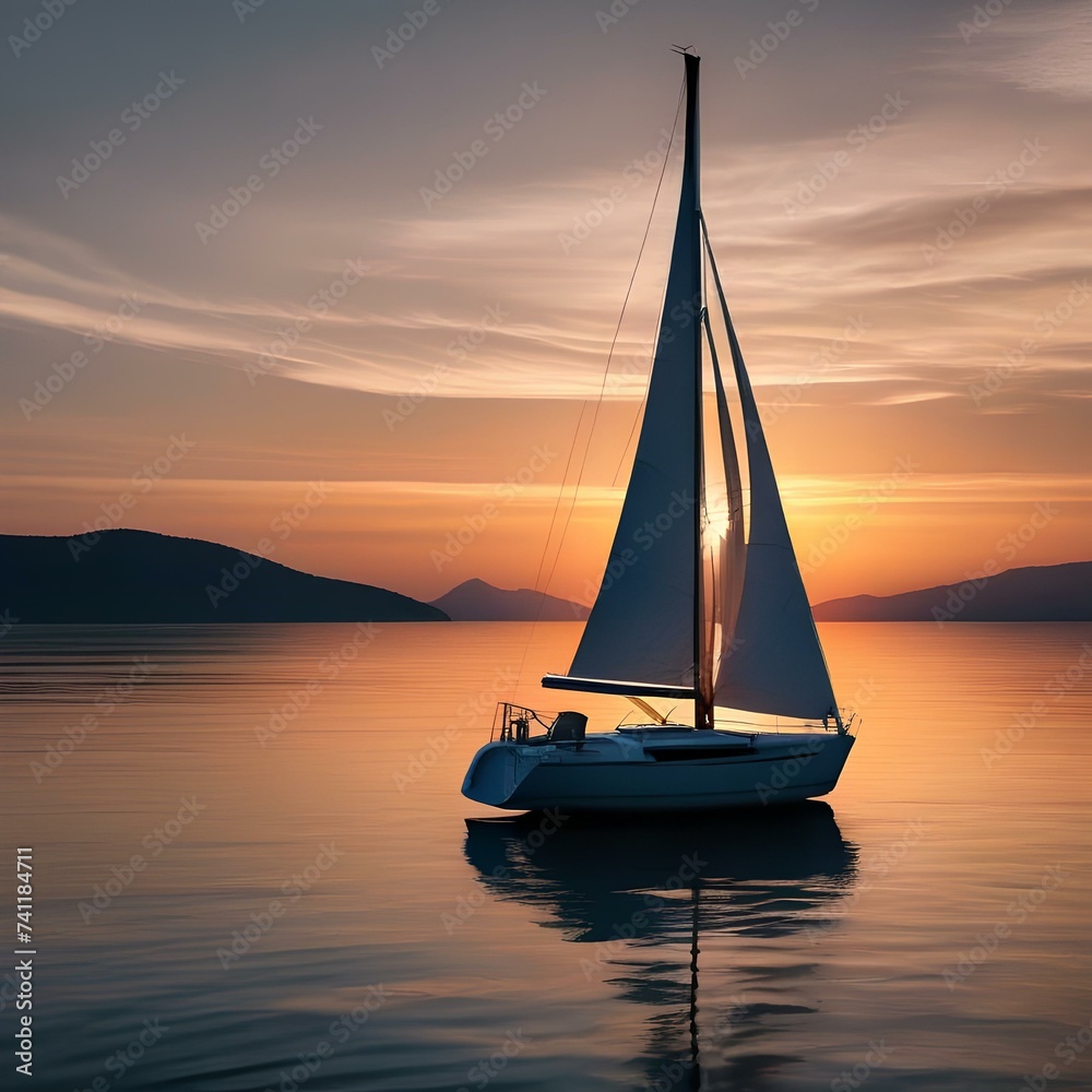 A lone sailboat on a calm ocean, with the sun setting in the distance3
