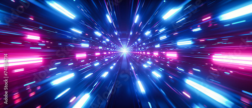 Speed through a futuristic tunnel, neon lights guiding the way, abstract science fiction in motion