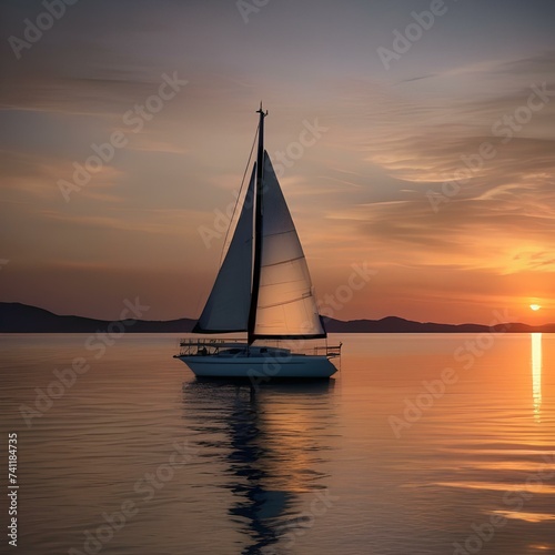 A lone sailboat on a calm ocean, with the sun setting in the distance2
