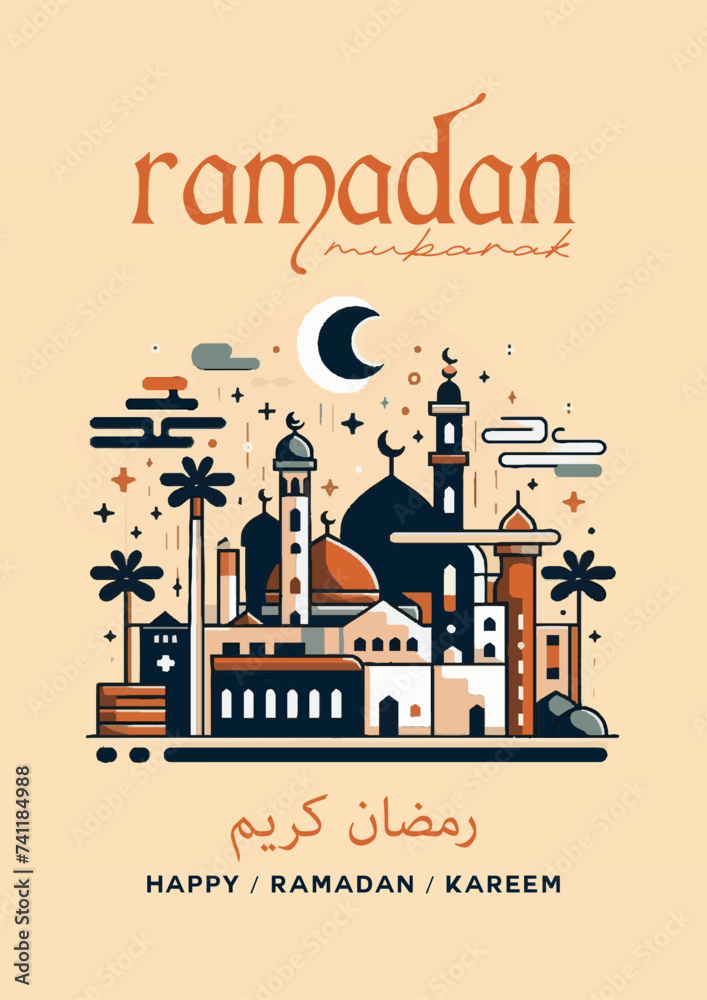 Ramadan greeting poster vector design.islamic culture celebration festival card background.arabic arab religion mosque moon lamp islam muslim lantern banner decoration pattern template illustration.