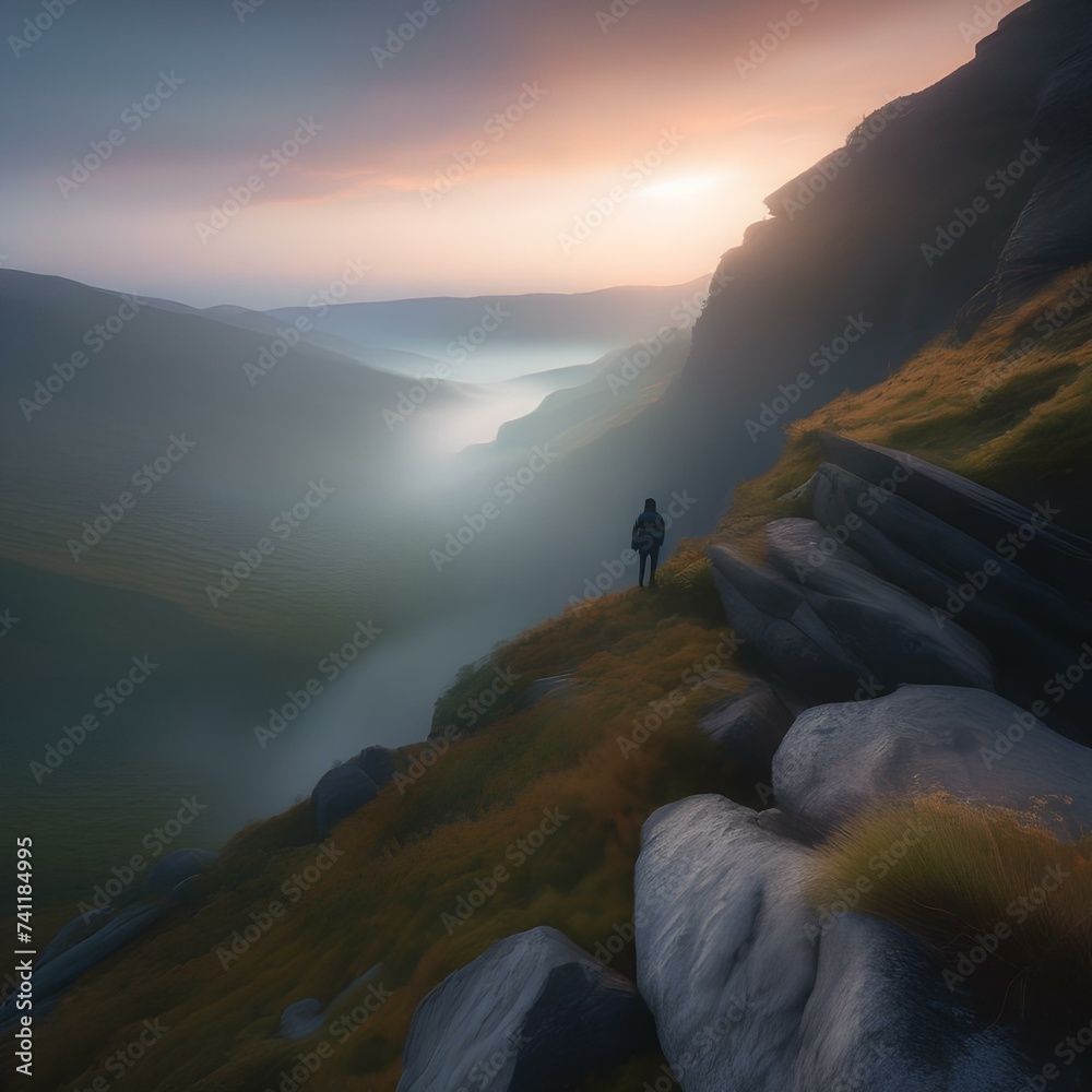 A lone figure standing on a rocky cliff overlooking a vast, mist-covered valley at dawn3