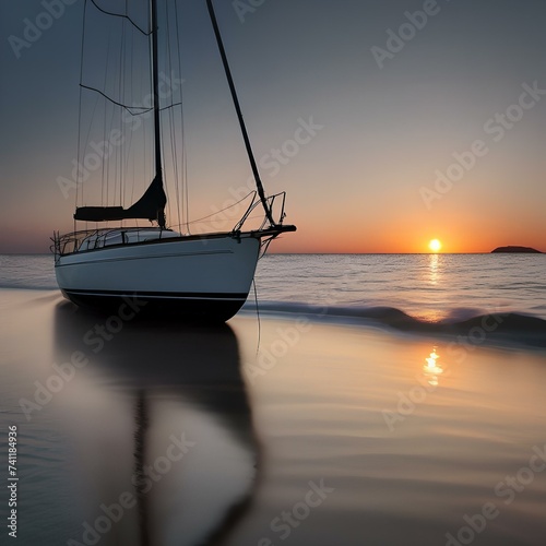 A lone sailboat on a calm ocean, with the sun setting in the distance1 photo