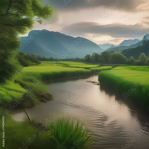 A tranquil river winding through a lush green valley, with mountains in the background5