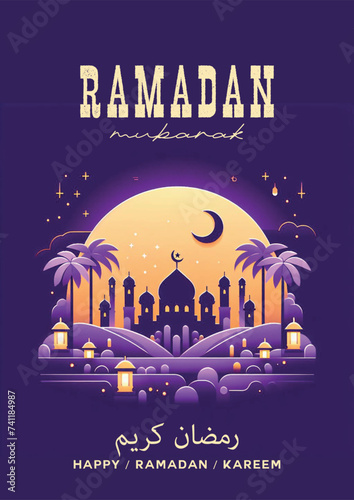 Ramadan greeting poster vector design.islamic culture celebration festival card background.arabic arab religion mosque moon lamp islam muslim lantern banner decoration pattern template illustration.