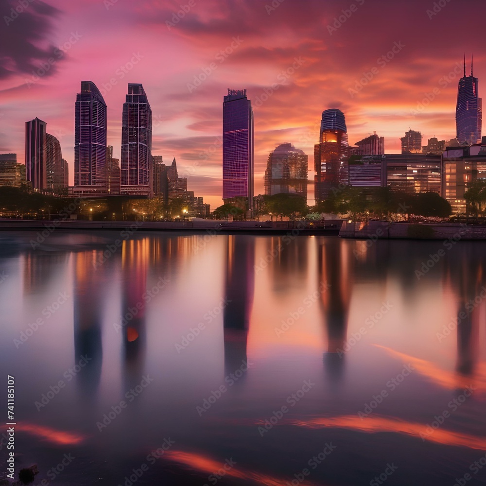 A bustling cityscape at sunset, with the sky ablaze with orange and pink hues3