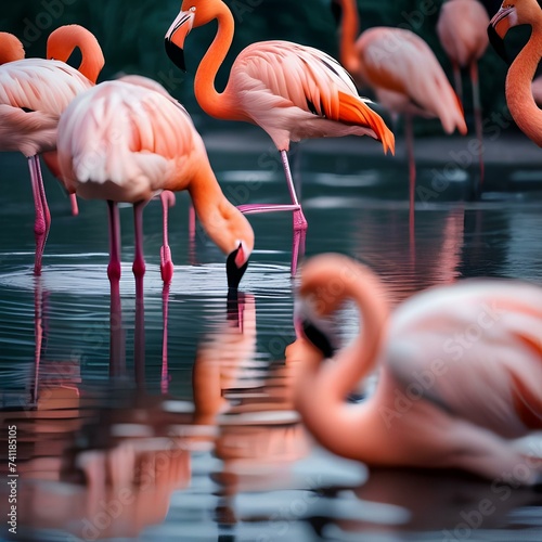 A group of flamingos wading in a shallow pond, their pink feathers reflected in the water5 photo