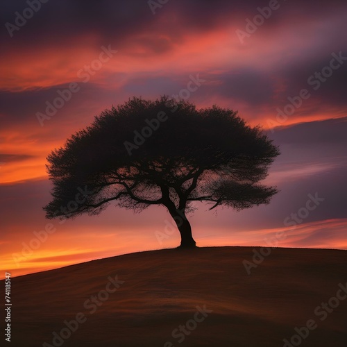 A lone tree standing on a hill, silhouetted against a fiery sunset sky1