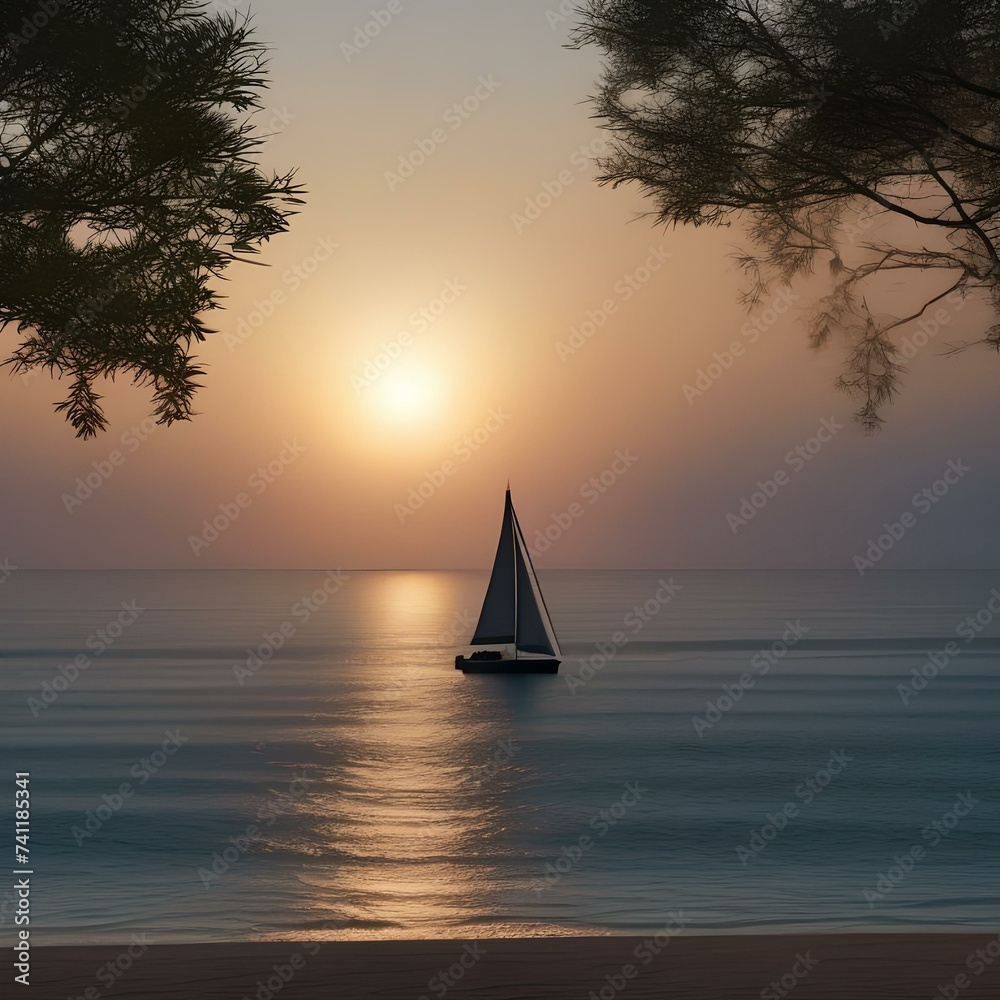 A lone sailboat on a calm ocean, with the sun setting in the distance5