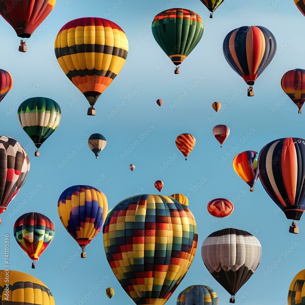 A cluster of colorful hot air balloons drifting across a clear, blue sky at sunrise4