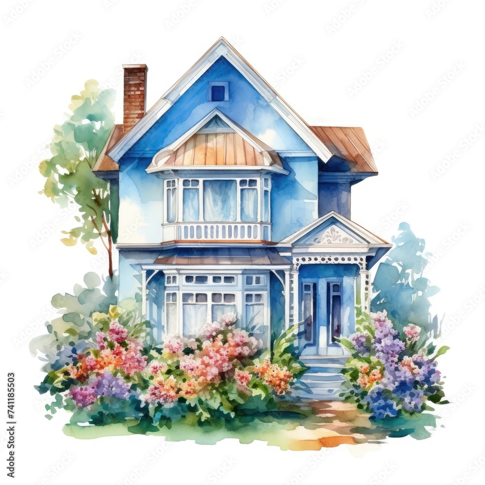 Beautiful blue house with a blooming garden