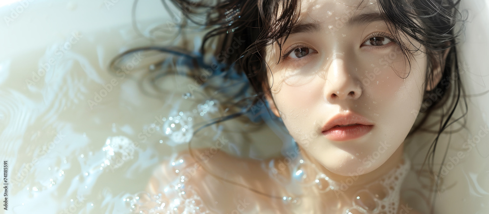 Beautiful young Korean women shower water drops on face. presentation advertisement beauty spa product Bath soap skin care cream cosmetics.
