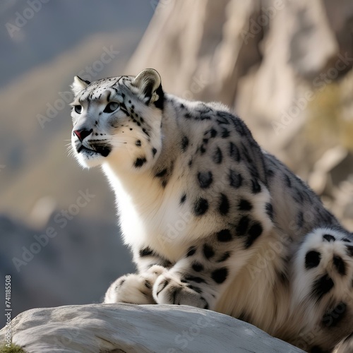 A close-up of a snow leopard camouflaged against a rocky mountain slope4