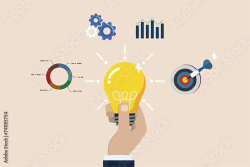 Data analysis for insight making business decision for success, business intelligence, report for management concept, businessman hold smart lightbulb with business intelligence data.