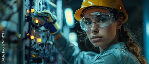 Skilled professional female electrician with protective gear and a blurry backdrop with space, Generative AI.