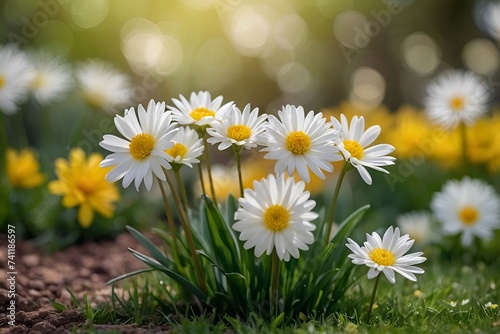 White daisies in a field, spring season floral background.