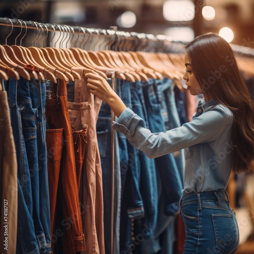A woman shopping jeans clothes hanging on rack in a clothing store