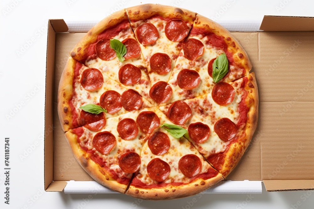 A pepperoni pizza in a takeaway box isolated on white background, freshly baked pepperoni pizza in a take-out box, classic pepperoni pizza in a cardboard box, pizza, pepperoni pizza, easy to cut out
