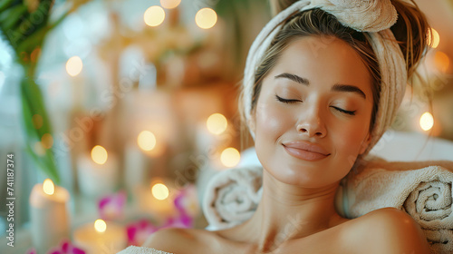 Serene Asian beauty enjoying a luxurious spa massage, surrounded by candles and orchids .