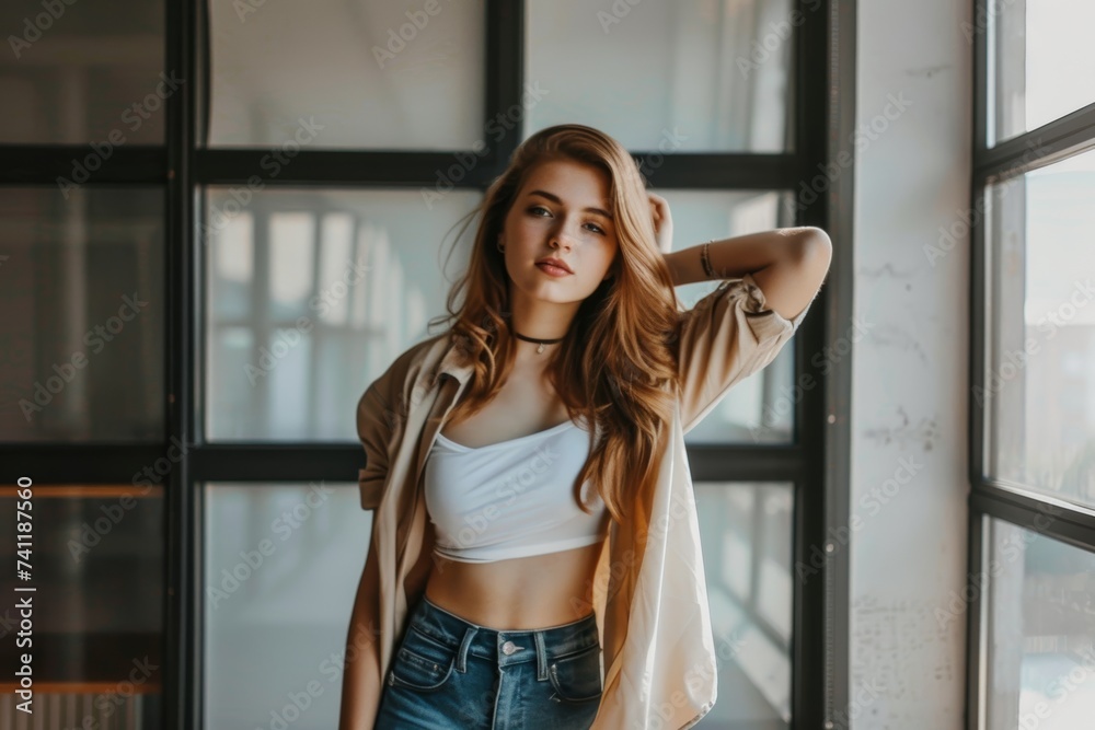 Young Woman Standing Next to Window mental drain work burnout concept. Generative AI Young Woman Standing Next to Window mental drain work burnout concept. Generative AI