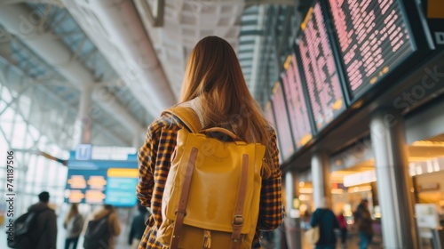 A traveler with long hair and a mustard-colored backpack stands in an airport, gazing up at flight information boards, captured amidst a bustling travel hub atmosphere.